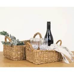 Panier de rangement rectangulaire en jonc de mer avec poignées (lot de 2)