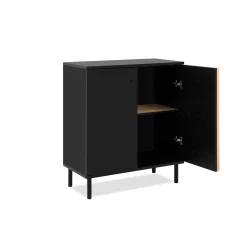 Petit buffet 2 portes design noir et décor bois NOREN