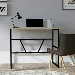 Petit bureau moderne noir avec plateau effet chêne clair JENA