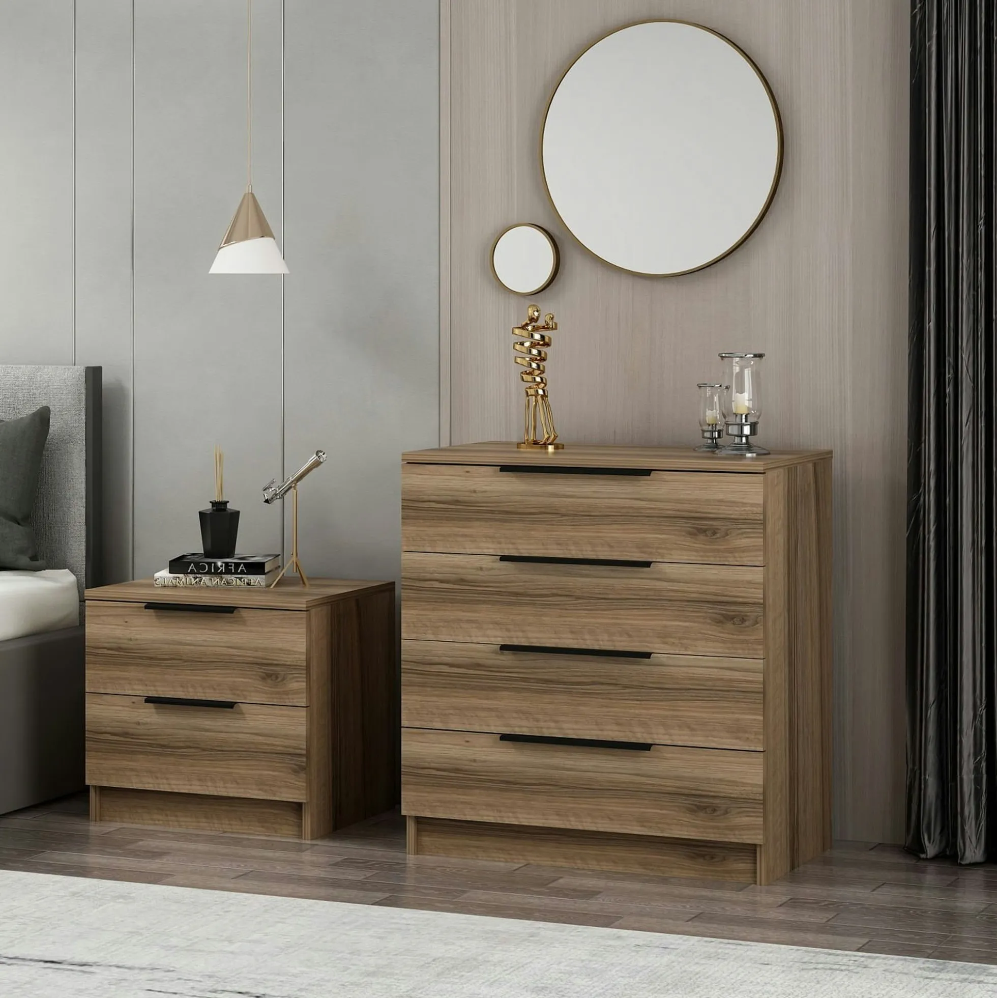 Petite commode moderne 4 tiroirs effet bois de noyer BYRON