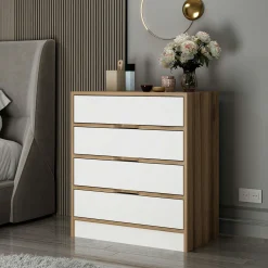 Petite commode moderne 4 tiroirs effet noyer & blanc BYRON