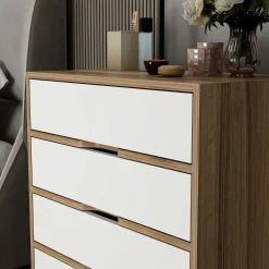 Petite commode moderne 4 tiroirs effet noyer & blanc BYRON