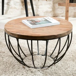 Petite table basse ronde teck recyclé structure filaire noire SWING
