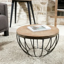 Petite table basse ronde teck recyclé structure filaire noire SWING