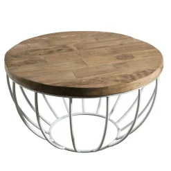 Petite table basse ronde teck recyclé structure filaire blanche SWING