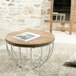 Petite table basse ronde teck recyclé structure filaire blanche SWING