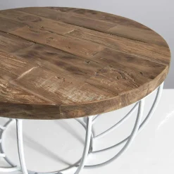 Petite table basse ronde teck recyclé structure filaire blanche SWING