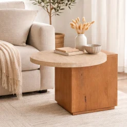 Petite table basse travertin et bois design DUOMO