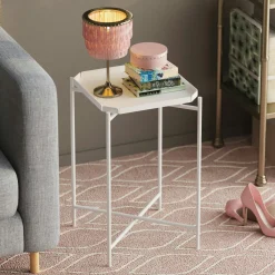 Petite table d’appoint blanche carrée, pieds croisés SFAX