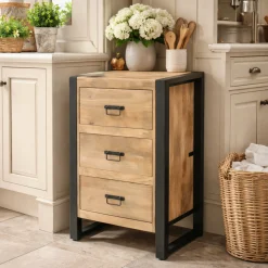 Petit meuble de rangement 3 tiroirs bois clair métal noir MILORA