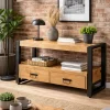 Petit meuble TV bois clair métal noir 2 tiroirs 120 cm MILORA