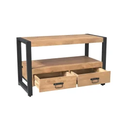 Petit meuble TV bois clair métal noir 2 tiroirs MILORA