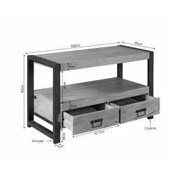 Petit meuble TV bois clair métal noir 2 tiroirs MILORA