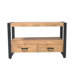 Petit meuble TV bois clair métal noir 2 tiroirs MILORA