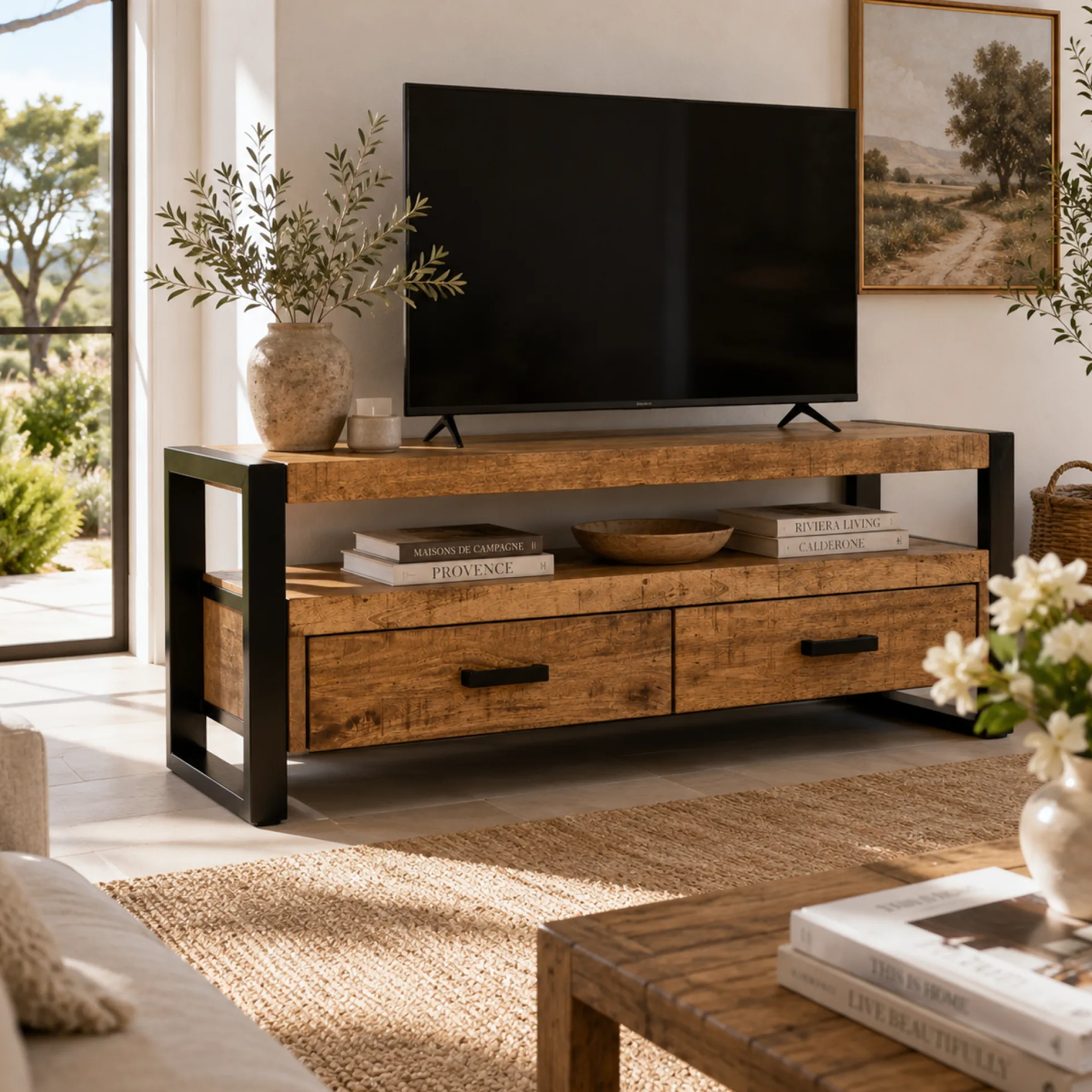Petit meuble TV bois métal à double plateau KARGO