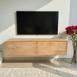 Petit meuble TV suspendu bois clair 2 portes JUNO