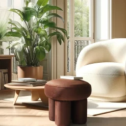 Petit pouf forme design en tissu effet velours marron COLOMBUS