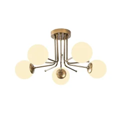 Plafonnier vintage métal doré 5 globes verre dépoli SIERRE