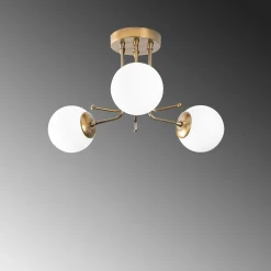 Plafonnier vintage métal doré 3 globes verre dépoli SIERRE