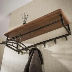 Portemanteau mural 1 étagère bois 1 tringle 6 crochets NAKO