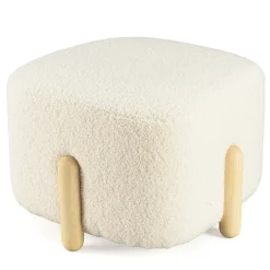 Pouf carré tissu bouclette écru pieds bois COLOMBUS