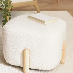 Pouf carré tissu bouclette écru pieds bois COLOMBUS