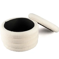 Pouf coffre rond tissu bouclette écru D58 cm COLOMBUS