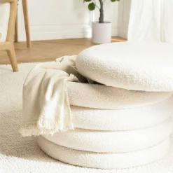 Pouf coffre rond tissu bouclette écru D58 cm COLOMBUS