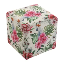 Pouf cube tropical motif perroquets, feuilles et fleurs 35x35x35cm BORNEO