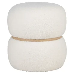Pouf de salon blanc effet fourrure avec cerclage bois BRUGES