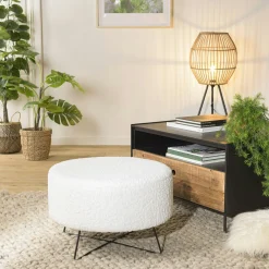 Pouf de salon blanc tissu bouclettes TIM