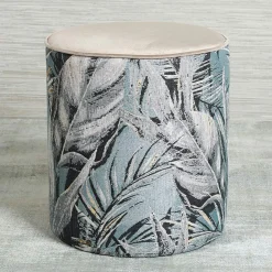 Pouf de salon motif feuillage beige et gris