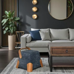 Pouf design bleu avec poignée en bois IENA