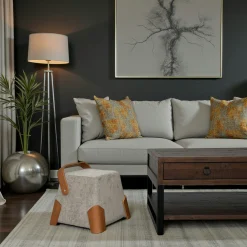 Pouf design cendre avec poignée en bois IENA