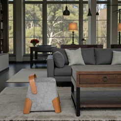 Pouf design gris avec poignée en bois IENA