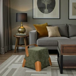Pouf design kaki avec poignée en bois IENA