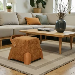 Pouf design moutarde avec poignée en bois IENA