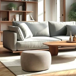 Pouf forme grand galet en tissu effet velours beige foncé COLOMBUS