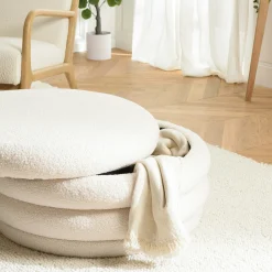 Pouf rond avec rangement tissu bouclette écru D79 cm COLOMBUS