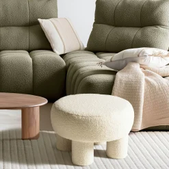 Pouf rond en tissu bouclette blanc CASTILLE