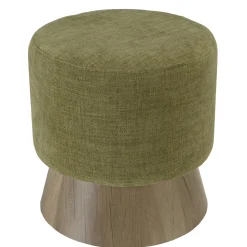 Pouf rond en tissu vert et pied boisCASTILLE