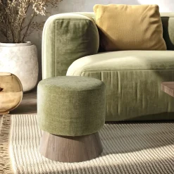 Pouf rond en tissu vert et pied boisCASTILLE