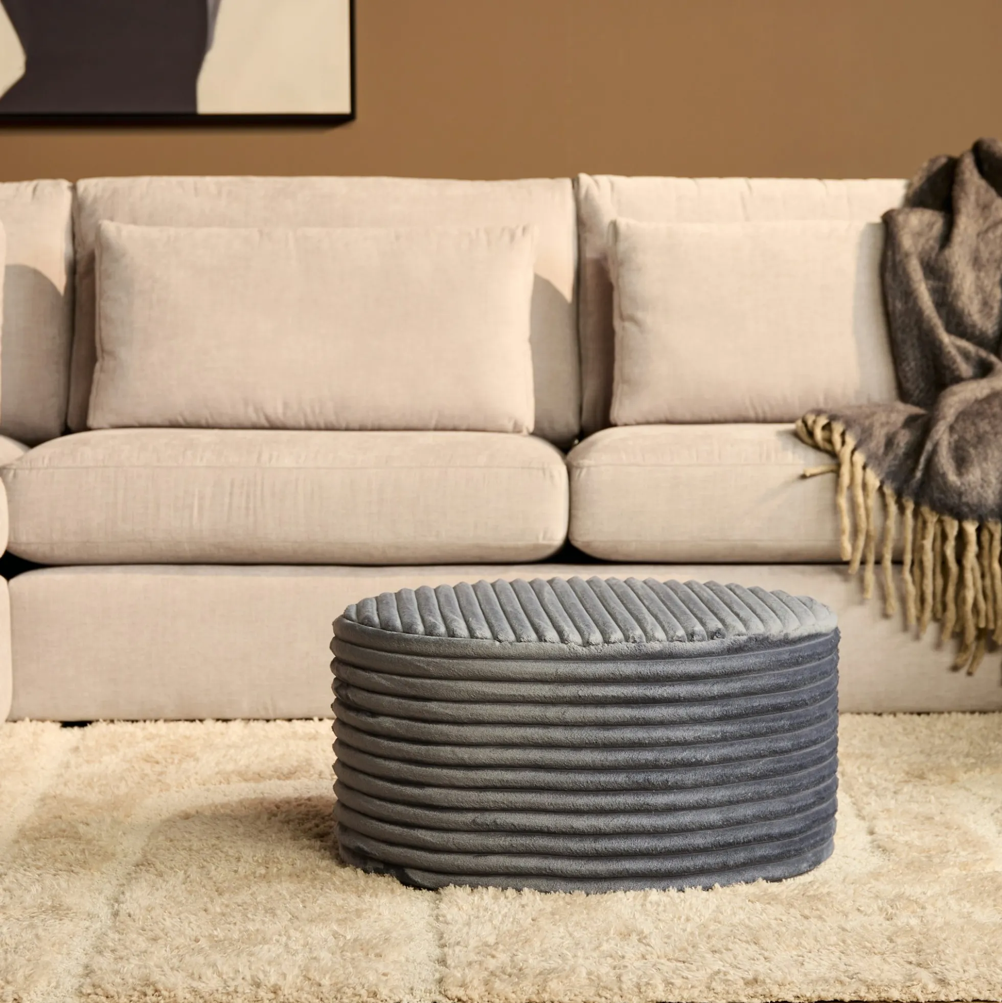 Pouf rond gris en velours côtelé RIVOLI