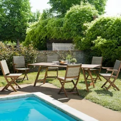 Salle à manger de jardin : 1 table acacia 220 cm, 4 chaises + 2 fauteuils BAHIA