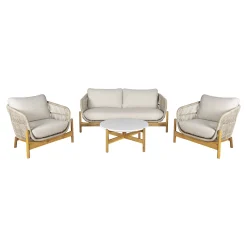 Salon de jardin en bois d'acacia et corde (1 canapé, 2 fauteuils, 1 table basse ronde) MENDOZA
