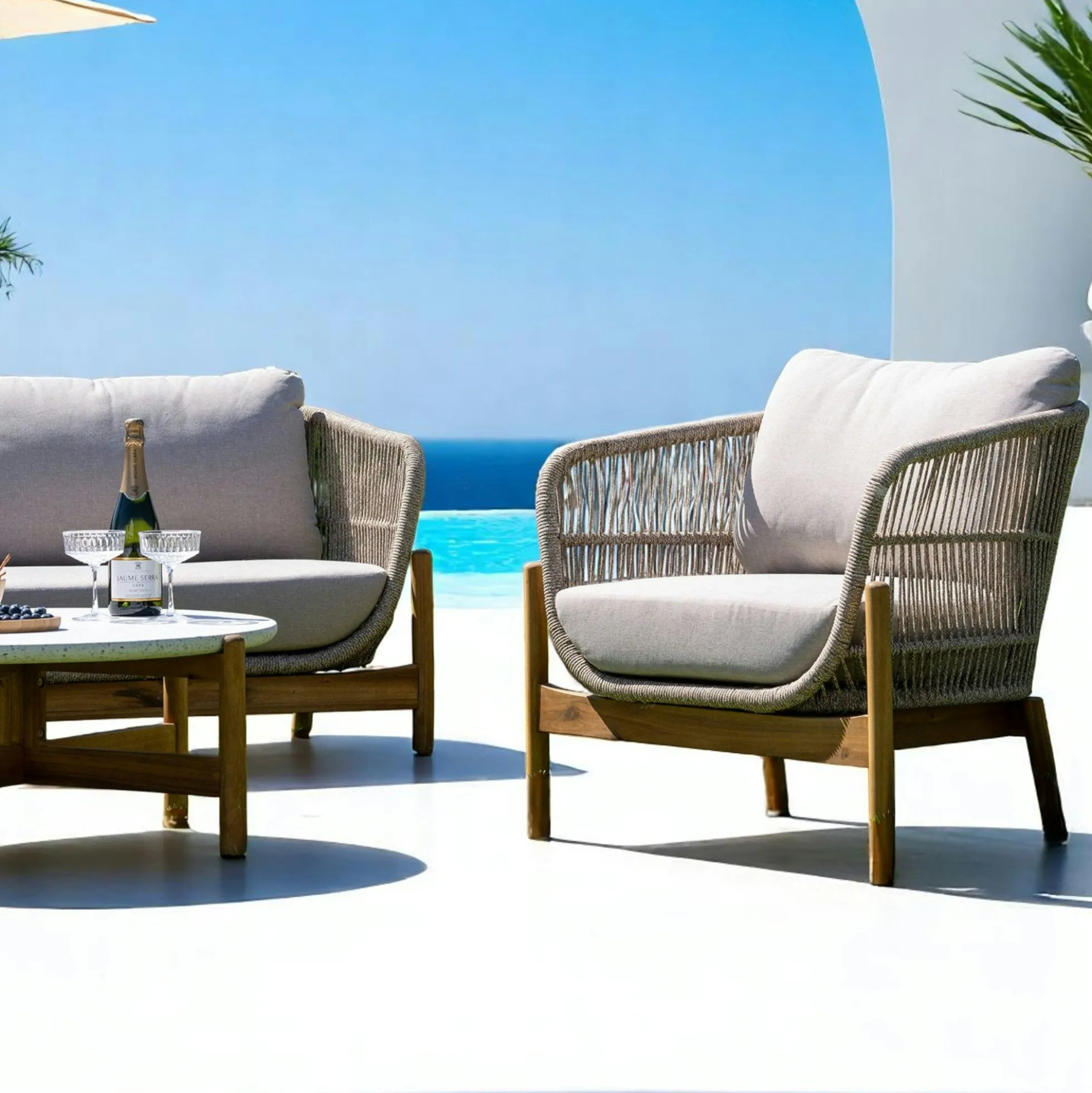 Salon de jardin en bois d'acacia et corde (1 canapé, 2 fauteuils, 1 table basse ronde) MENDOZA