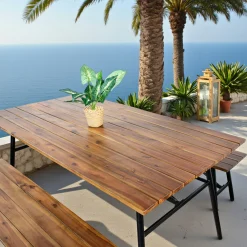 Salon de jardin en bois d'acacia (1 table à manger 160 cm + 2 bancs 130 cm) BAHIA