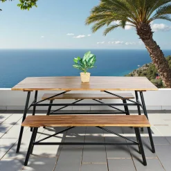 Salon de jardin en bois d'acacia (1 table à manger 160 cm + 2 bancs 130 cm) BAHIA