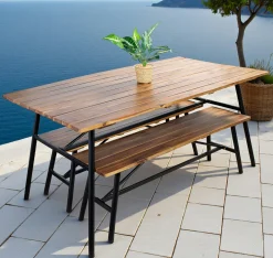 Salon de jardin en bois d'acacia (1 table à manger 160 cm + 2 bancs 130 cm) BAHIA