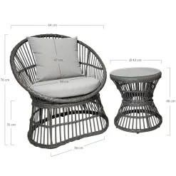 Salon de jardin en rotin synthétique gris (2 fauteuils et 1 petite table ronde) MENDOZA